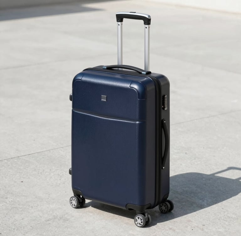 Crisp editorial travel photography of a premium sleek dark navy carry-on suitcase standing on a clean concrete platform, bright natural daylight, sharp shadows.
