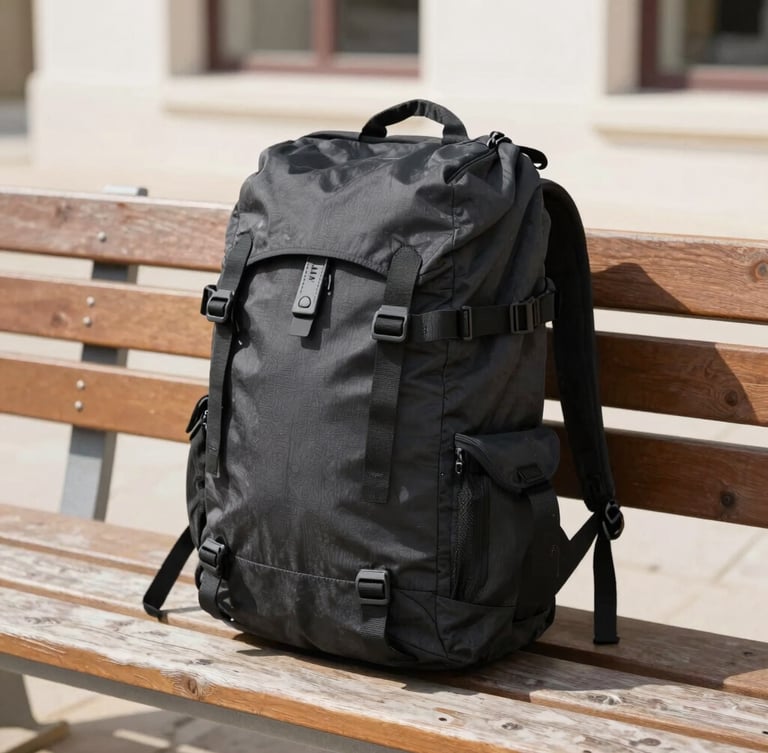 Bright natural daylight photo of a charcoal travel backpack resting on a wooden bench, crisp shadows, clean architectural background, 35mm lens