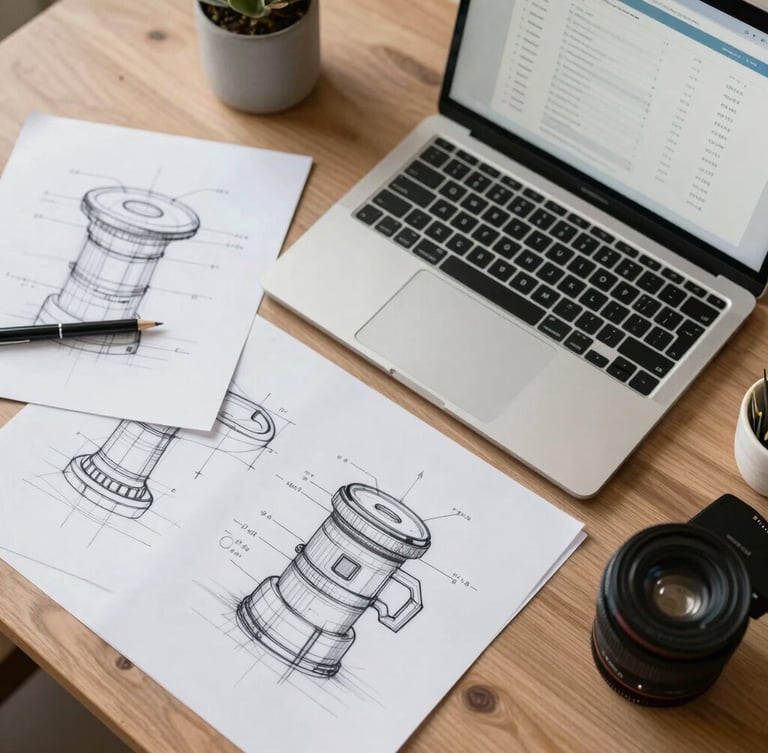 Overhead desk layout of physical wireframe sketches next to a laptop displaying clean conversion rate optimization data, neutral daylight, sharp focus.