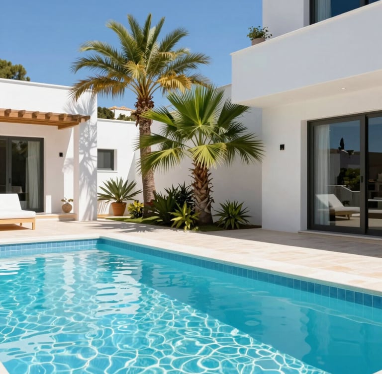 Bright editorial photography of a modern Marbella villa terrace with a sparkling swimming pool, vibrant green palms, sharp focus, sun-drenched Mediterranean daylight