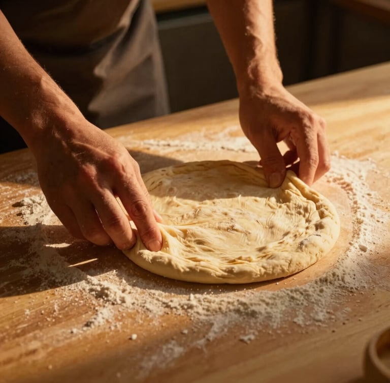 Mid-shot of hands expertly stretching Neapolitan pizza dough on a floured surface, warm golden hour light, dramatic shadows.