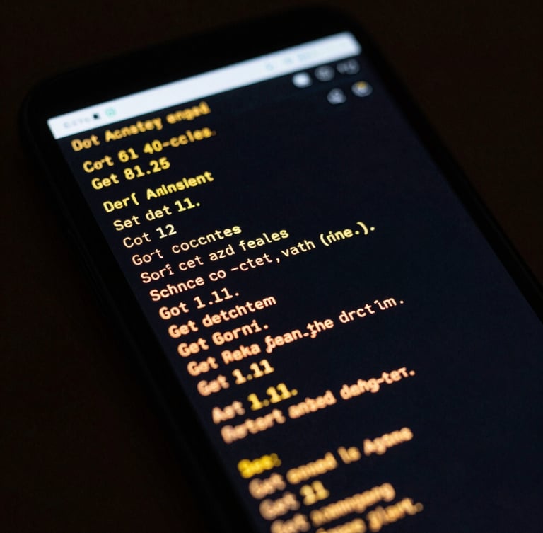 Macro photography of a physical Android device screen displaying a high-contrast terminal diagnostic interface with amber text, low-key dark studio lighting, 21:9 cinematic crop