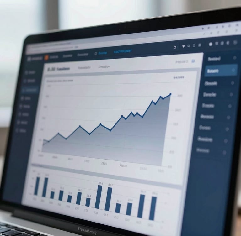 Macro shot of a clean, dark-themed corporate treasury dashboard on a high-resolution display, showing precise line charts of liquidity growth, slate gray and deep navy interface, soft natural daylight reflecting on the screen