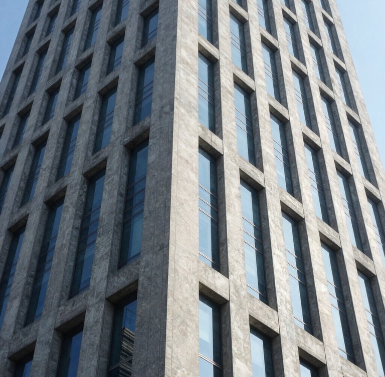 Low angle shot of a modern concrete and steel skyscraper facade in Jakarta, bright daylight, cool blue and slate tones, sharp architectural lines symbolizing strength