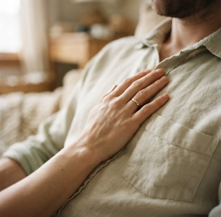 Close-up of a hand resting gently on a linen shirt over a chest, soft morning window light, warm cream tones, shallow depth of field, 35mm photography