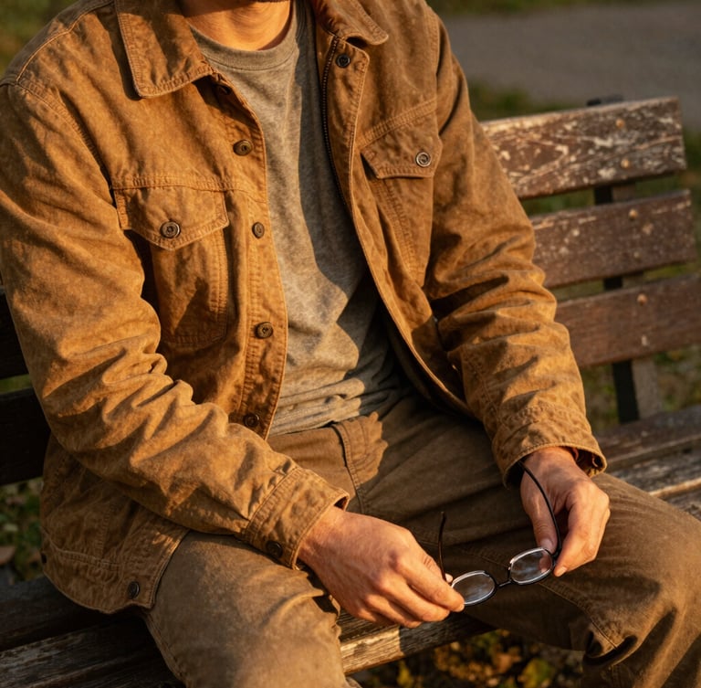A relaxed environmental portrait of a man sitting on a wooden bench in warm golden-hour sunlight, wearing durable double-stitched clothing and holding a pair of glasses, soft natural shadows, warm editorial style.