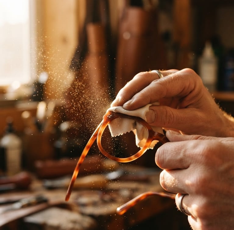 Close-up of hand-polishing warm terracotta acetate eyewear frames under soft golden-hour sunlight, dust particles illuminated, macro shot, warm editorial photography, 35mm film.