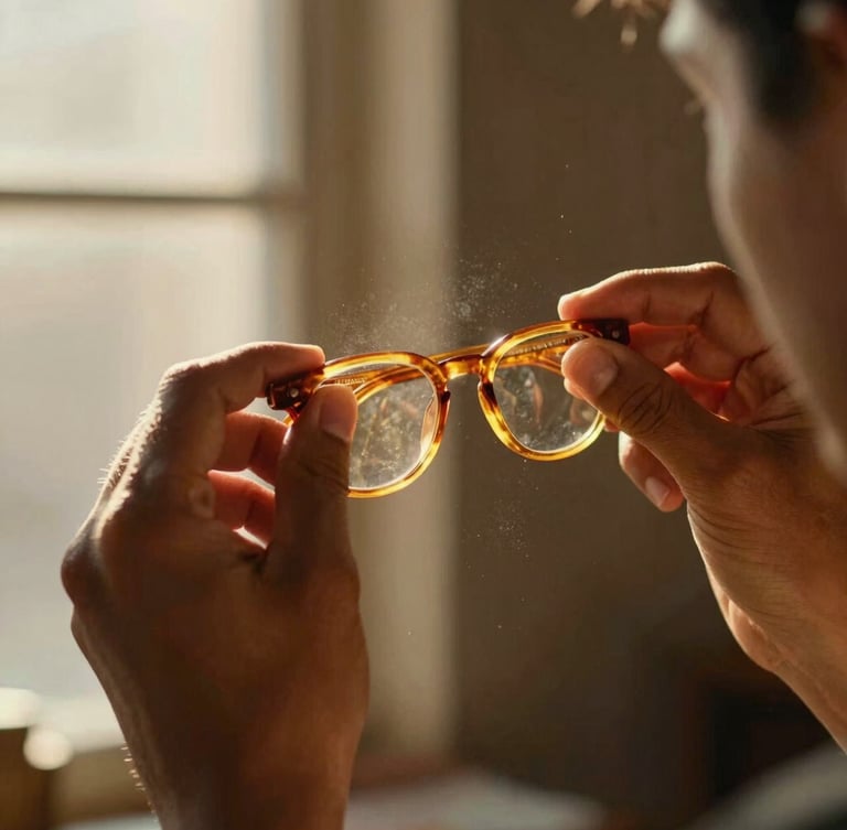 A close-up portrait of a craftsperson hand-polishing a warm amber acetate eyewear frame, dust catching rays of golden natural light from a side window.