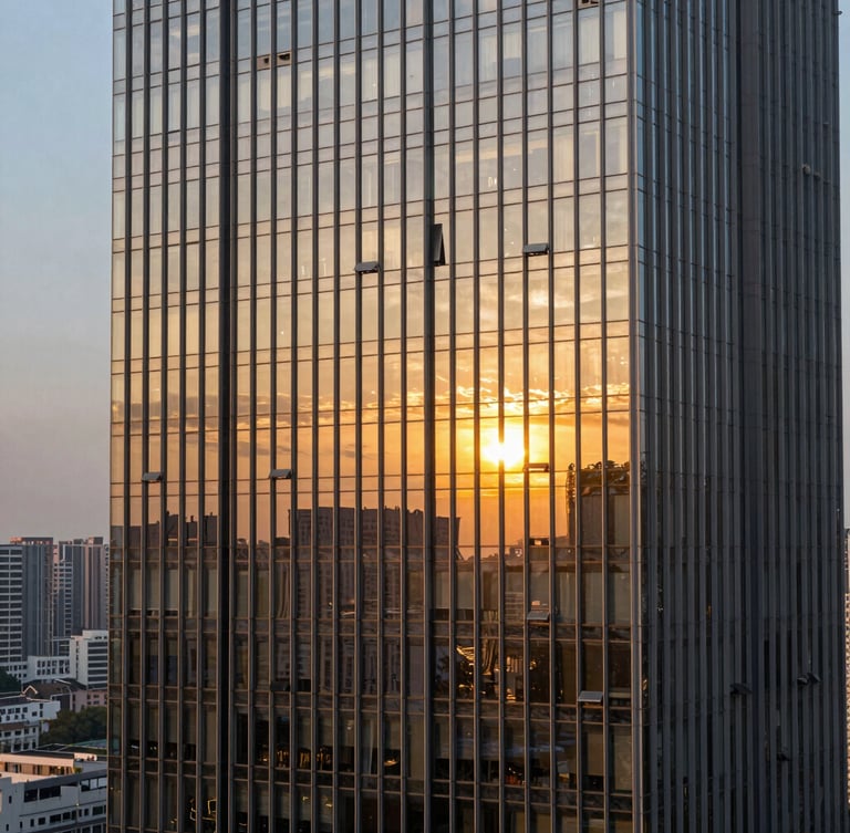High-angle professional photograph of a modern glass skyscraper reflecting a golden sunset, sharp focus, 35mm luxury architectural photography