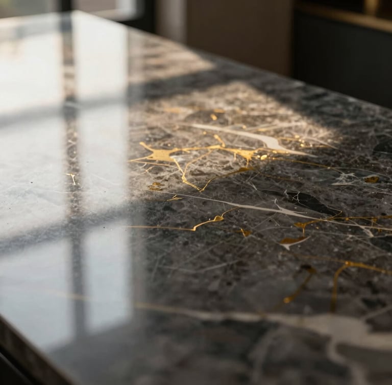 Close-up of a pristine marble surface reflecting soft directional window light, luxury architectural photography, sharp focus, 35mm