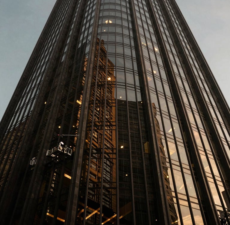Low-angle architectural shot of a towering glass skyscraper under dramatic directional light, sharp reflections, professional cleaner visible at a distance on a high-end rig, luxury 35mm photography