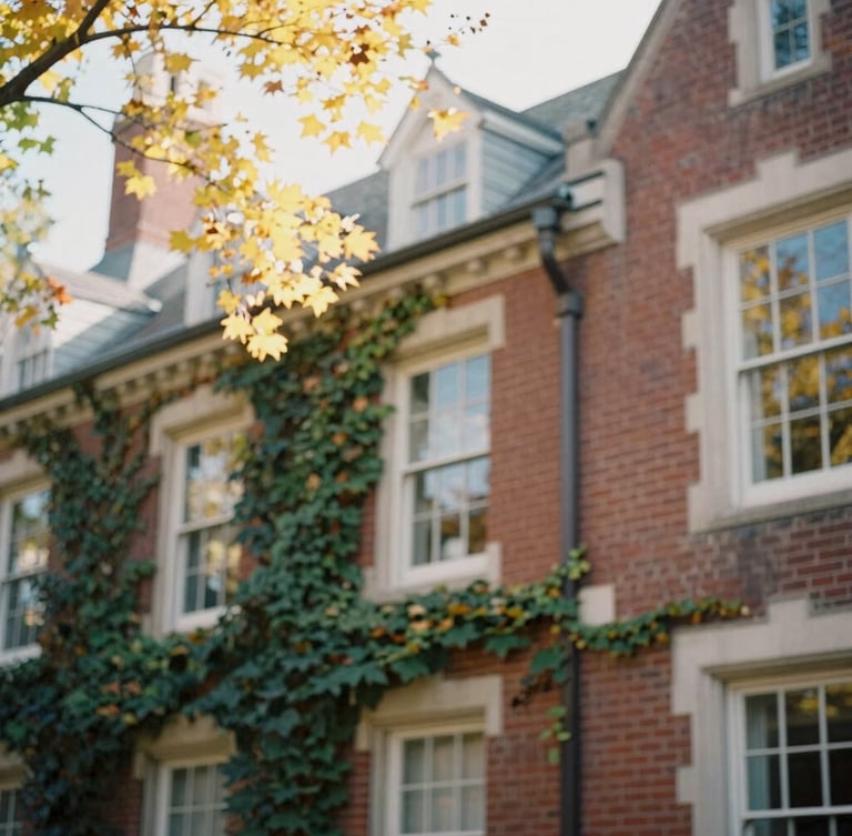 Close-up of historic brick university architecture, ivy climbing the walls, soft warm sunlight filtering through autumn leaves, shallow depth of field, 35mm