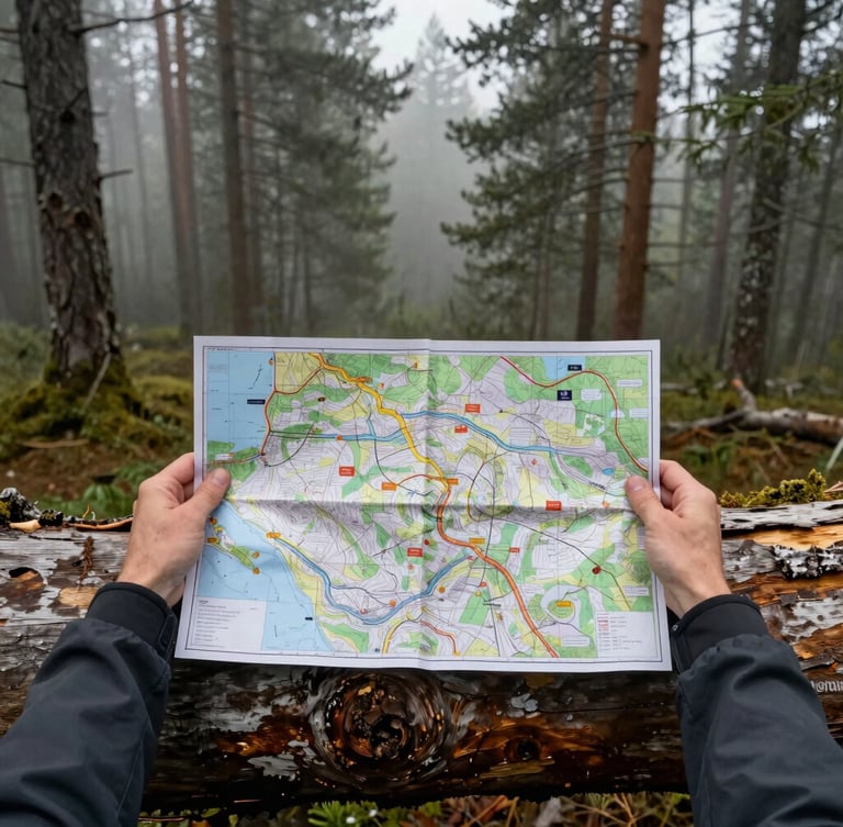A top-down shot of hands holding a topographic map over a weathered wooden log in a misty pine forest, high-contrast overcast daylight.