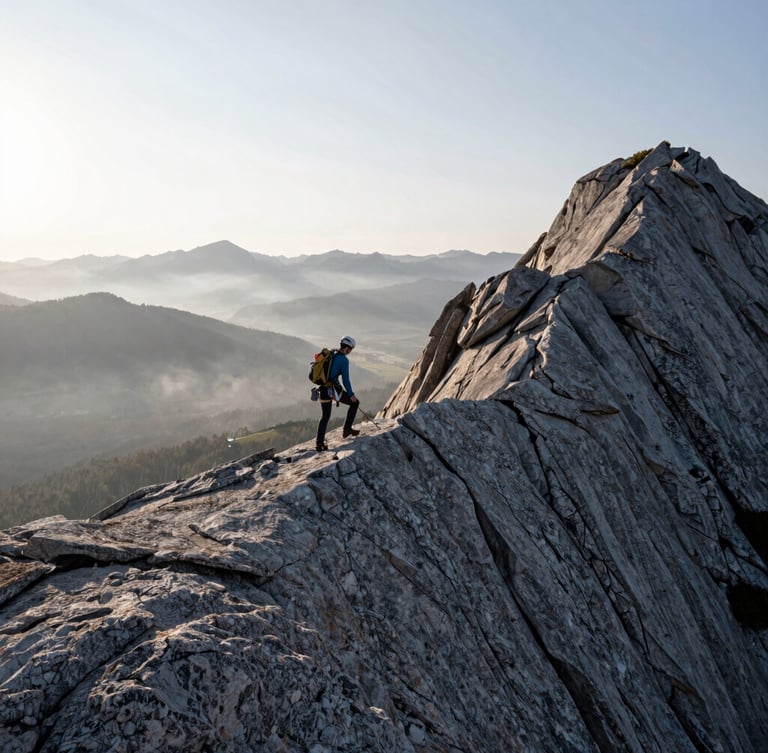 Extreme wide shot of a lone climber traversing a rugged granite ridge at dawn, misty valleys below, high contrast overcast daylight