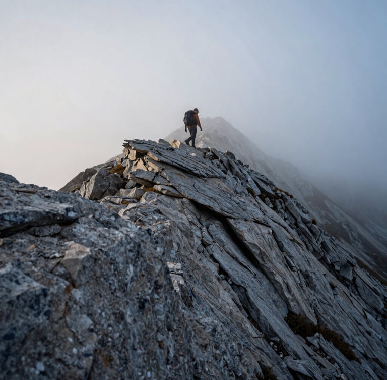 Low-angle wide shot of a lone hiker traversing a rugged, misty mountain ridge at dawn, cold overcast light, sharp granite rocks in foreground