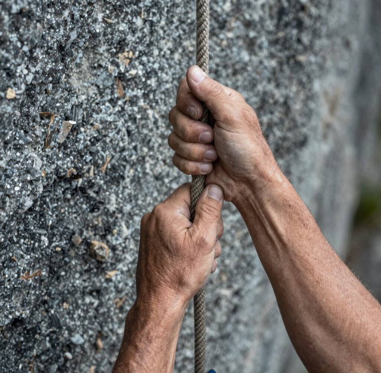 Close-up of weathered hands firmly gripping a thick climbing rope against a background of raw grey granite