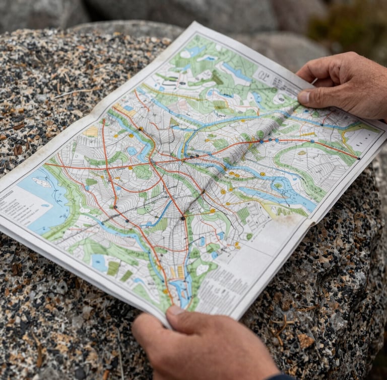A close-up of hands gripping a worn topographic map over a granite rock, overcast daylight, sharp focus on the textured paper and weathered skin.