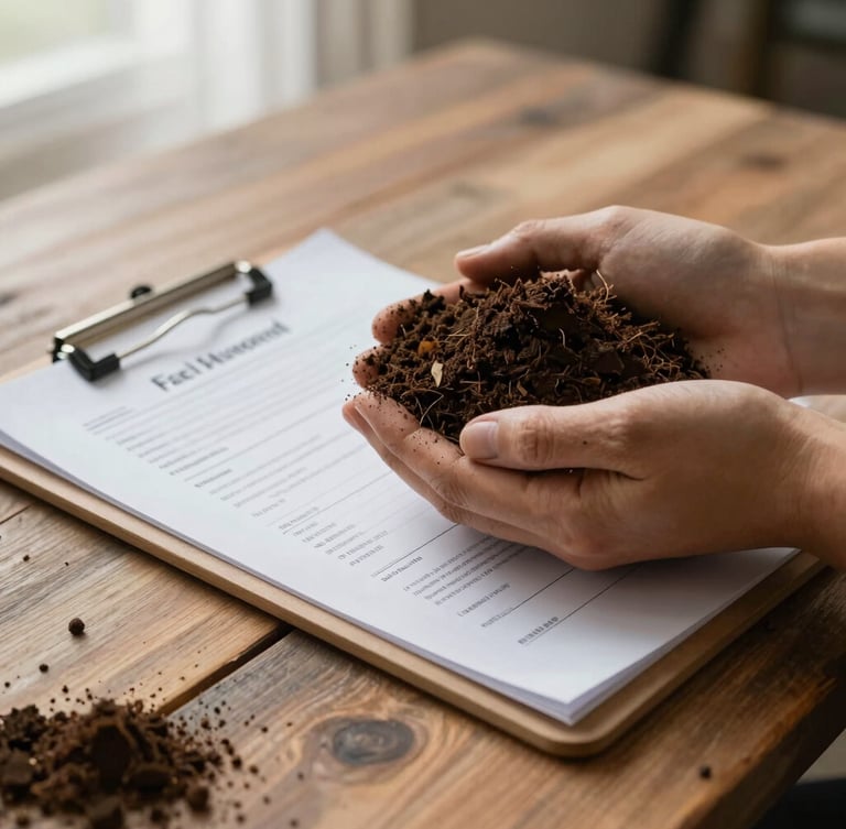 Close-up of hands holding rich soil with a physical technical document clip-board resting on a rustic wooden table, soft overcast morning light.