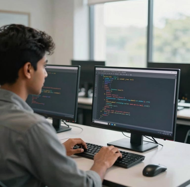 Over-the-shoulder shot of an Indian student practicing coding on a computer in a bright, modern classroom, natural window light, professional educational setting.
