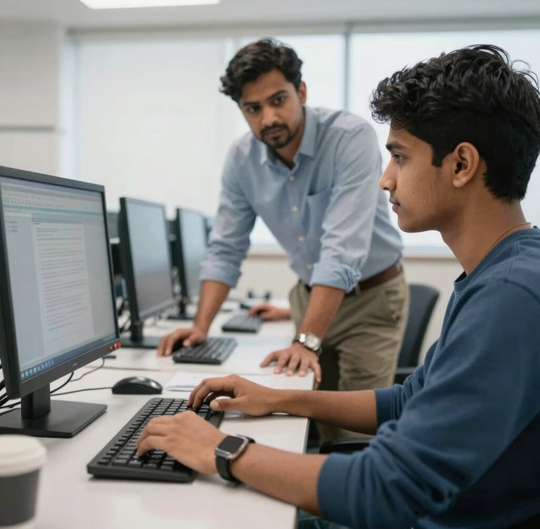 An over-the-shoulder shot of an Indian student learning computer skills in a bright, modern classroom under the guidance of an instructor.