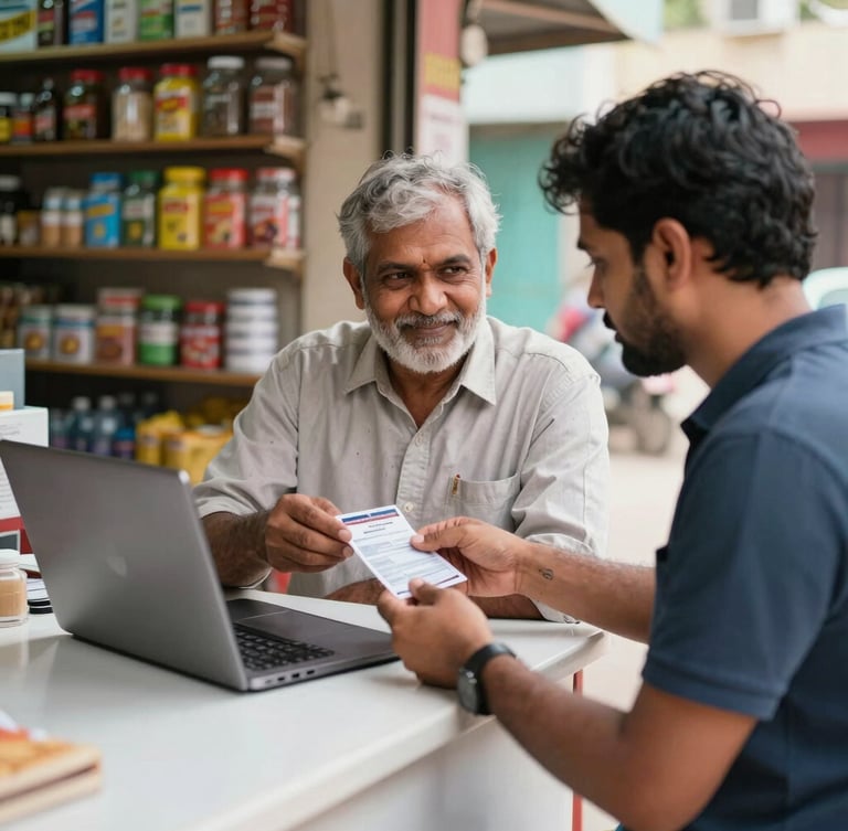 Bright natural daylight shot of a local Indian shop owner helping a customer with an Aadhaar card transaction on a laptop in a clean, organized village kiosk.