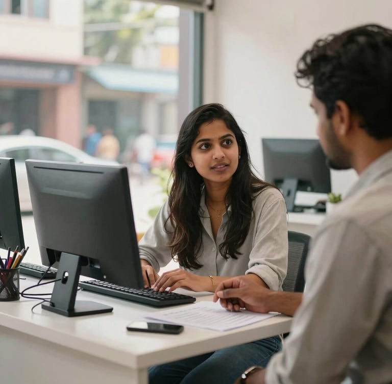 A bright, natural daylight shot of a young Indian micro-entrepreneur sitting in his clean digital services shop in a semi-urban town, interacting with a customer.