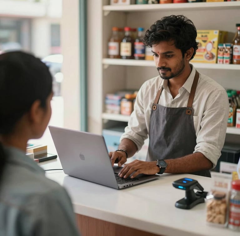 Over-the-shoulder shot of a young Indian shopkeeper in a bright local kiosk, helping a customer with a digital transaction on a laptop, biometric scanner on the clean counter, natural daylight.