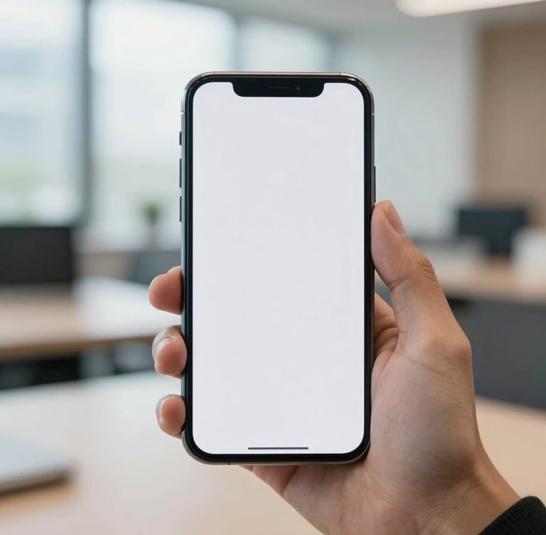 Close-up of a person holding a generic unbranded modern smartphone with a neutral blank screen, bright natural lighting, professional UK office setting in the soft-focus background.