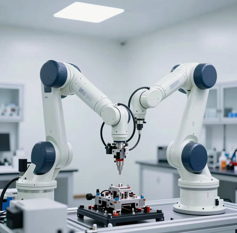 A high-key, bright photograph of an advanced multi-axis robotic arm performing high-precision assembly in a clean, modern white-walled laboratory with natural daylight.