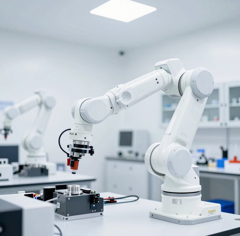 Bright high-key photography of a clean modern robotics laboratory, a white robotic arm in sharp focus under crisp daylight, technical precision, wide environmental shot