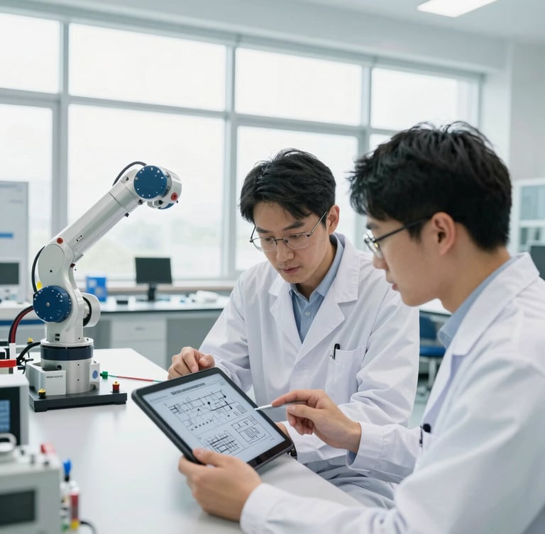 Bright high-key photograph of engineers analyzing technical schematics on a tablet in a modern, clean-lit robotics laboratory with large windows