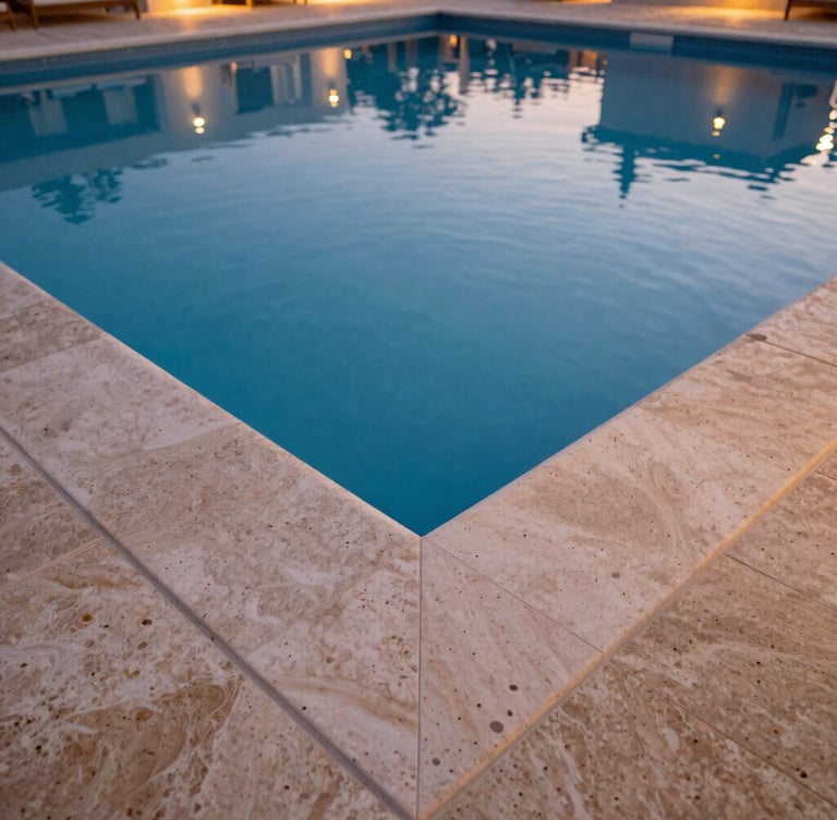 Close-up of a knife-edge pool overflow at twilight, water perfectly level with the surrounding travertine deck, architectural lighting, wide-angle lens, 35mm