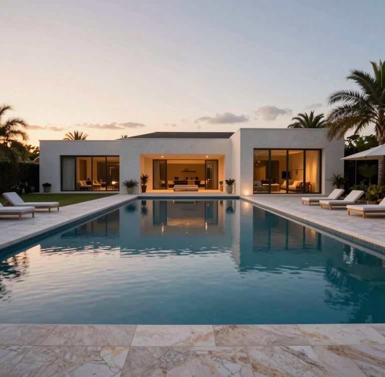 Wide architectural elevation of a perimeter-overflow pool at twilight, water reflecting modern minimalist estate, soft lighting, South Florida, 35mm.