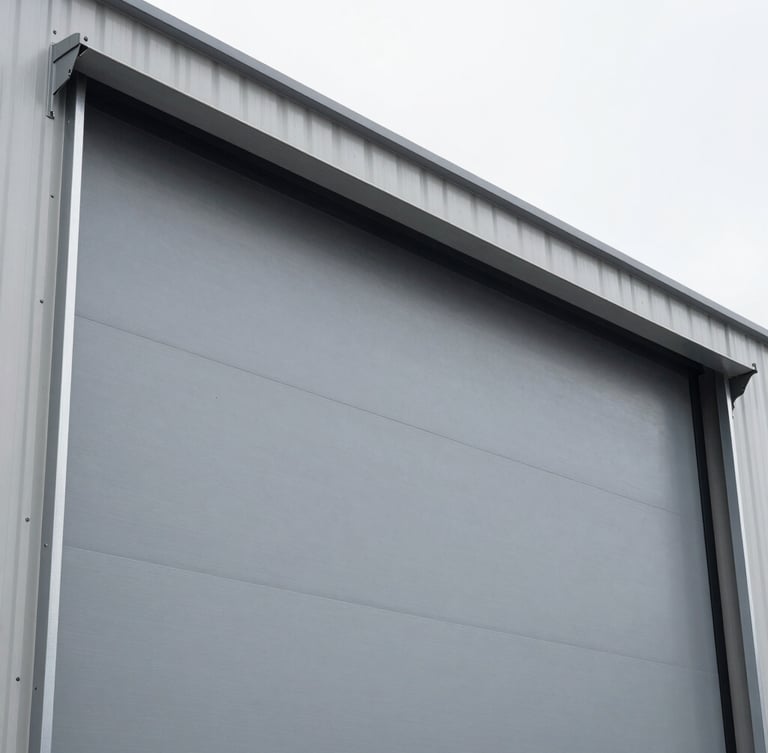 Low-angle architectural shot of a massive industrial sliding door profile, clean overcast daylight, metallic gray steel textures, sharp focus, 35mm lens