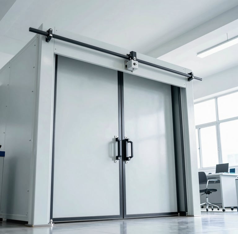 Low-angle shot of a heavy-duty automatic sliding door undergoing automated mechanical stress testing in a bright, modern engineering laboratory, cool metallic tones