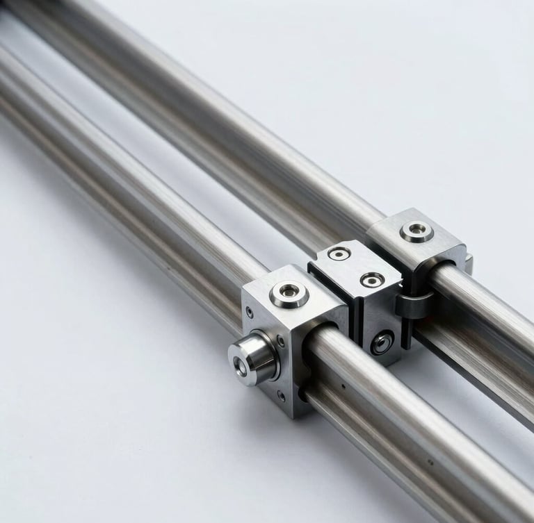 Extreme close-up of heavy-duty steel rollers and mechanical joints of a sliding door track, bright architectural studio lighting, cool metallic tones, sharp focus