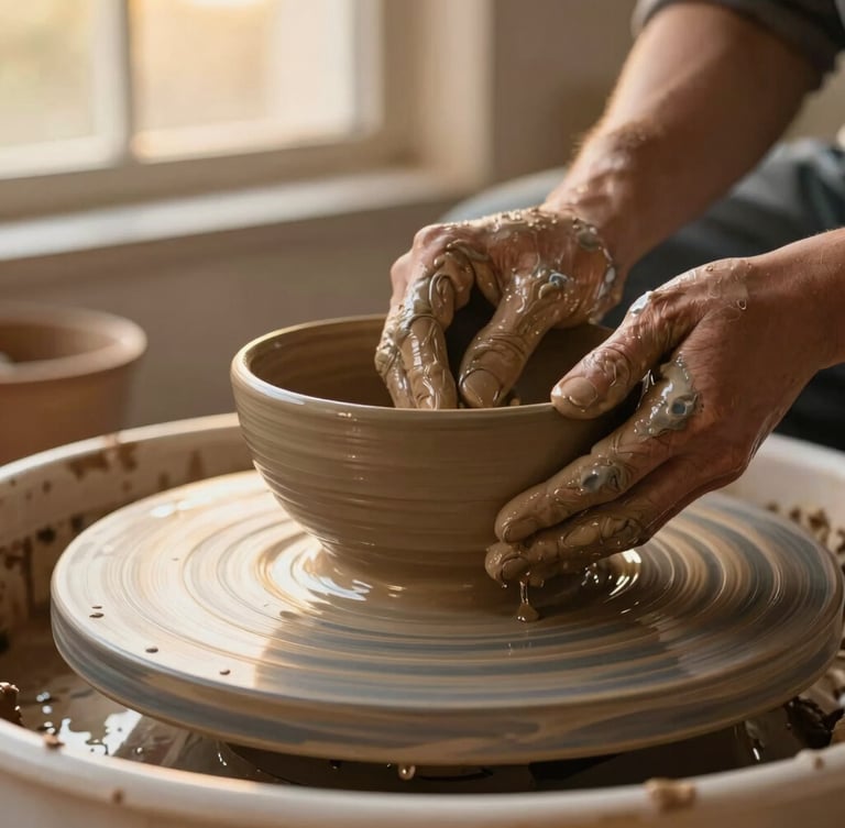 Close-up macro shot of hands covered in wet terracotta clay shaping a heavy bowl on a spinning wooden potter's wheel, water dripping, warm golden-hour window light, shallow depth of field.