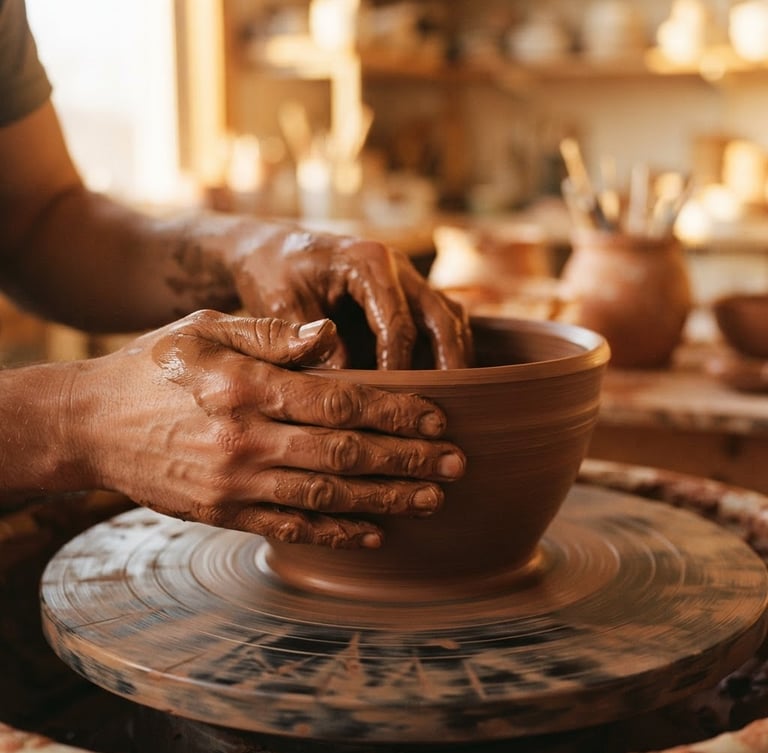 Close-up of potter's hands covered in wet terracotta clay shaping a heavy stoneware bowl on a wooden wheel, warm golden-hour window light casting long soft shadows, 35mm film style