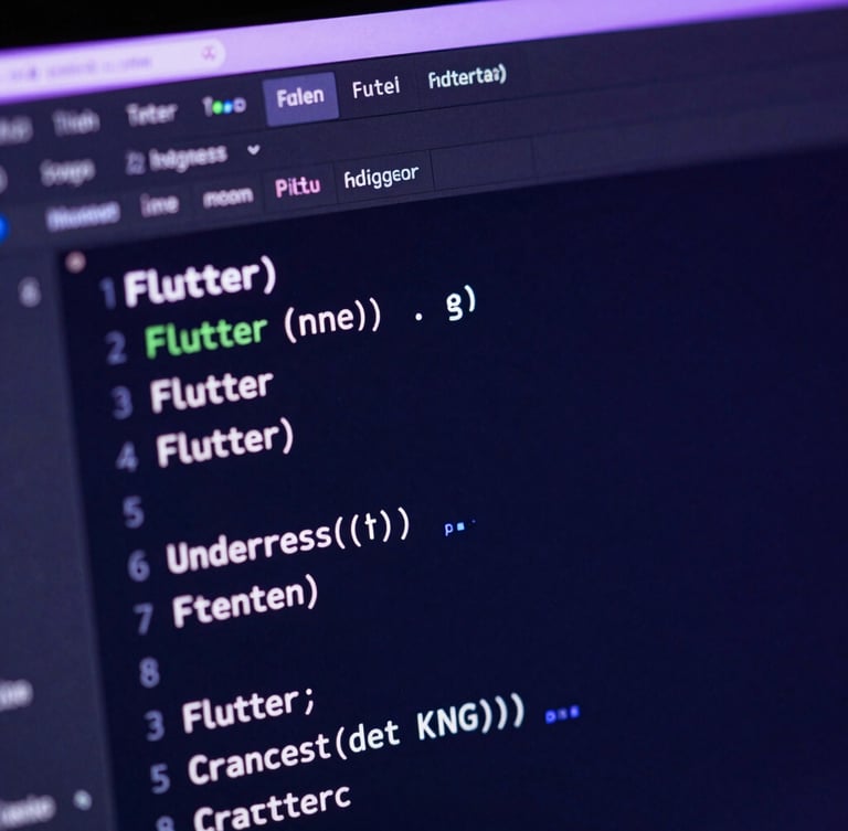 Macro shot of a high-resolution IDE screen displaying clean, structured Flutter code, illuminated by neon violet and deep blue backlighting, shallow depth of field.
