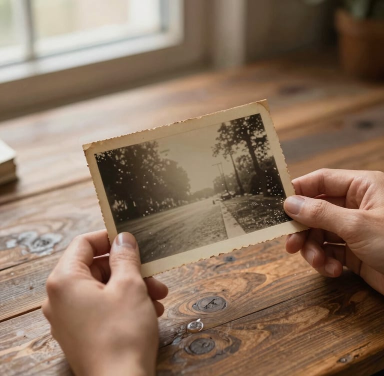 Hands holding an aged physical photograph over a rustic wooden table, soft warm directional window light, rich textures of vintage paper, nostalgic film grain.