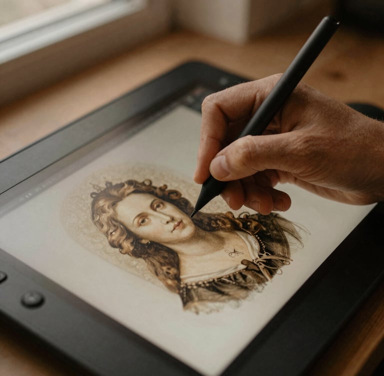 A close-up of a digital artist's hand using a stylus on a drawing tablet, meticulously repairing a digital scan of an antique portrait, soft warm light.