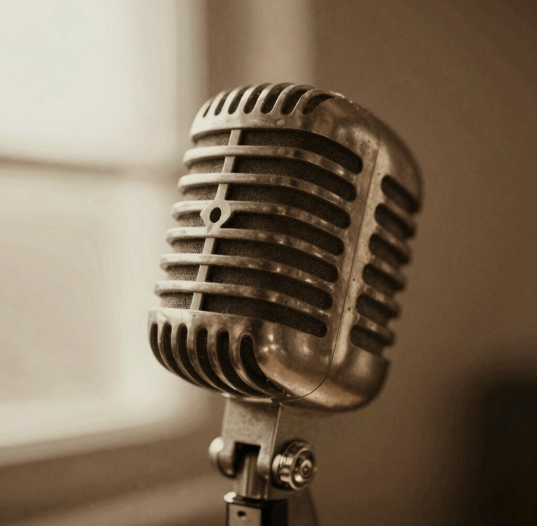 Extreme close-up of a vintage brass microphone, soft directional window light, warm dust motes, rich sepia tones, nostalgic film grain, 9:16 portrait crop