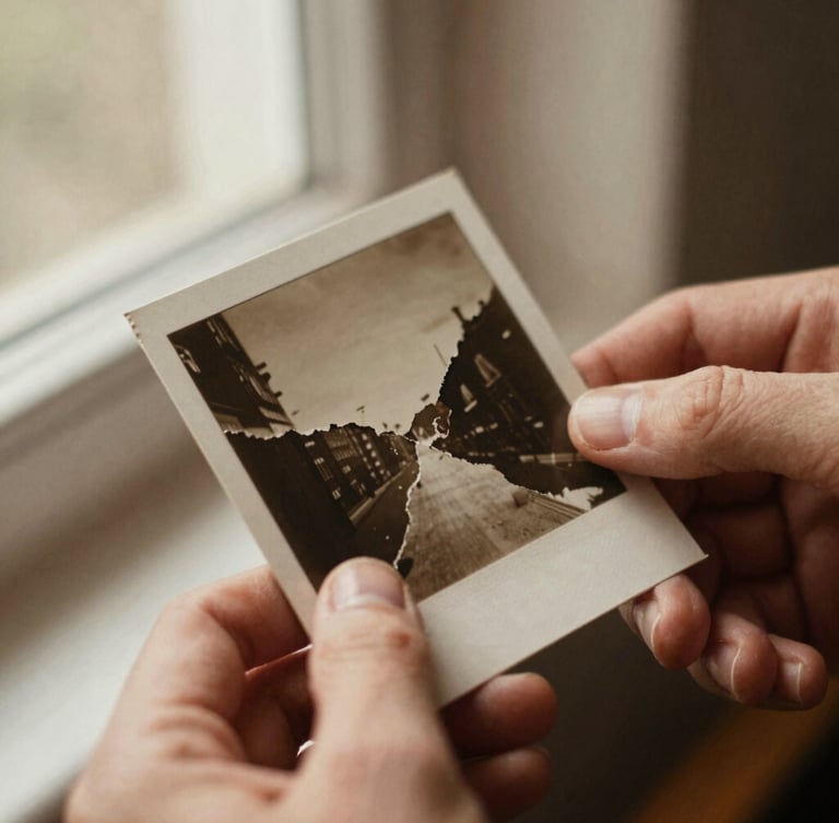 Extreme close-up of hands carefully holding a torn, sepia-toned vintage physical photograph under soft window light, nostalgic film grain.