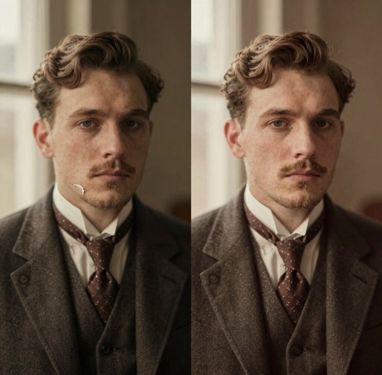 Split-screen macro shot of a torn 1920s portrait side-by-side with its fully colorized, clean restoration. Soft directional window light, rich sepia and warm color tones, nostalgic film grain.