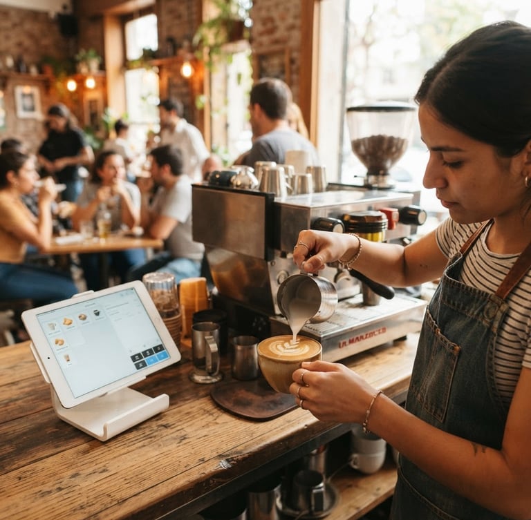 Close-up of a barista's hands preparing coffee in a vibrant, sunlit cafe in Buenos Aires, with a clean tablet interface visible on the counter, shallow depth of field, natural daylight, warm tones.