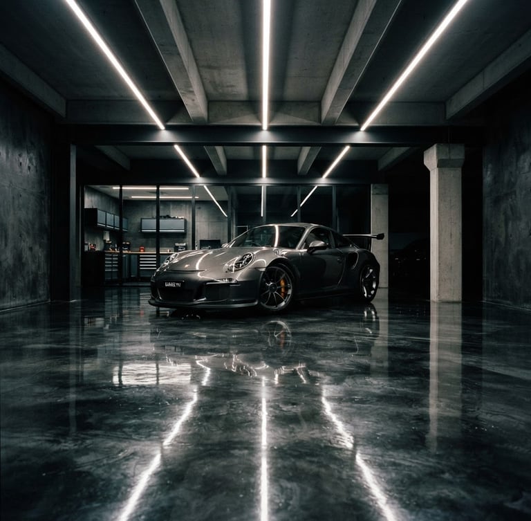 Low-angle architectural shot of a luxury private garage with a glossy dark metallic epoxy floor reflecting a sports car, intense overhead linear lighting, deep shadows, 35mm