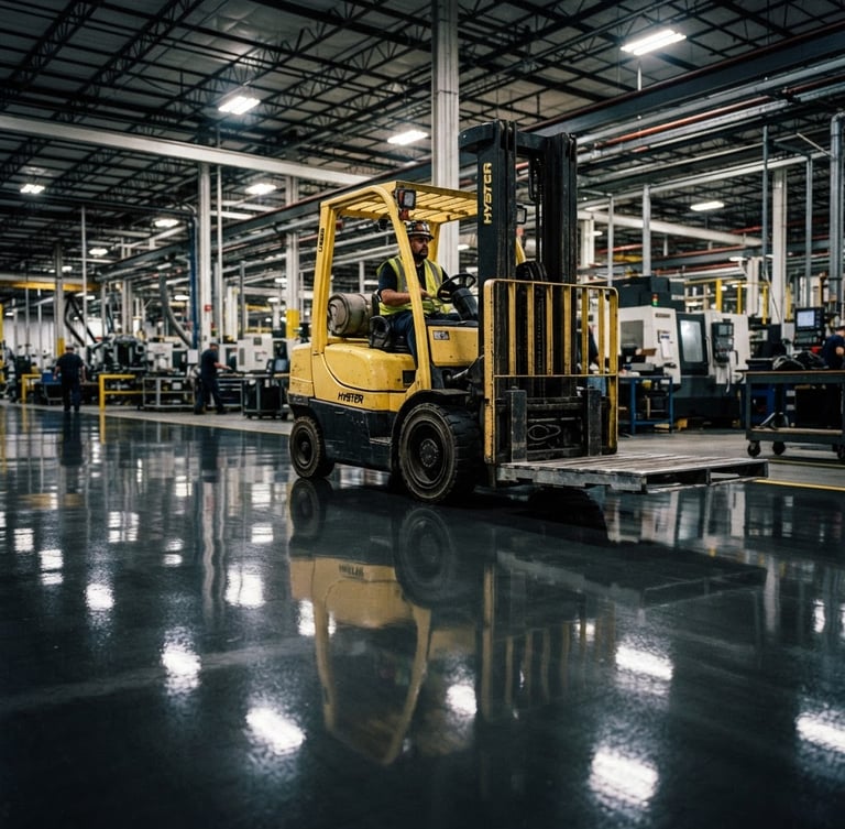 Low-angle wide shot of a heavy forklift driving over a glossy, seamless charcoal epoxy floor in a high-tech manufacturing plant, sharp specular reflections of overhead industrial lighting.