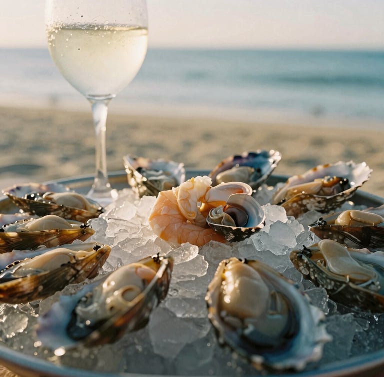 Close-up of a raw seafood platter on ice with a condensation-covered white wine glass, warm golden-hour sunlight casting soft shadows, 35mm photography