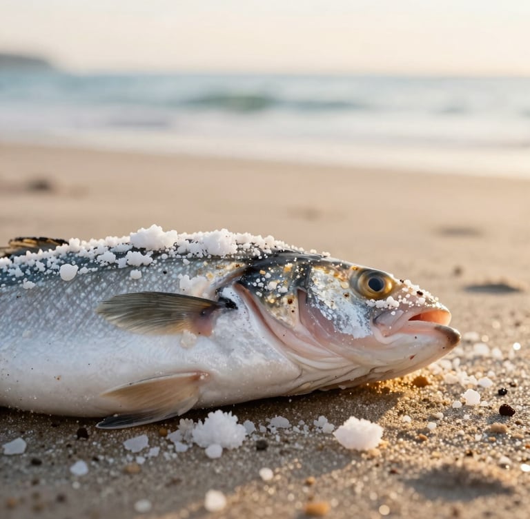 Close-up macro shot of a fresh raw sea bass baked in a pristine white salt crust, golden-hour coastal light, soft sandy background, 35mm