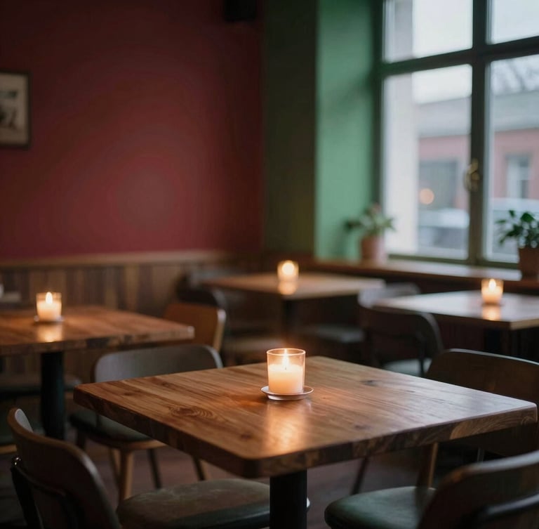Cozy Scandinavian-style restaurant dining room at dusk, warm candle light on empty wooden tables, soft shadows.